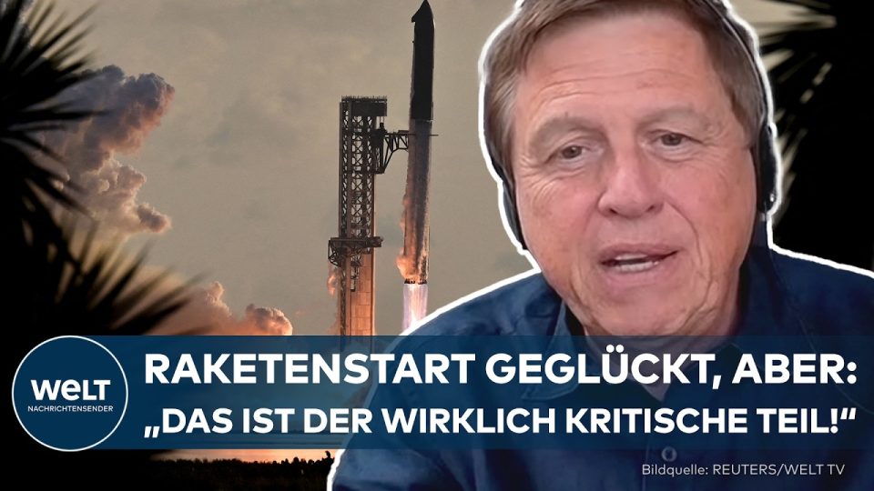 SpaceX Starship Orbitalflug – SpaceX Starship Rakete beim Orbitalflug-Start mit Rauchwolken an der Startrampe
