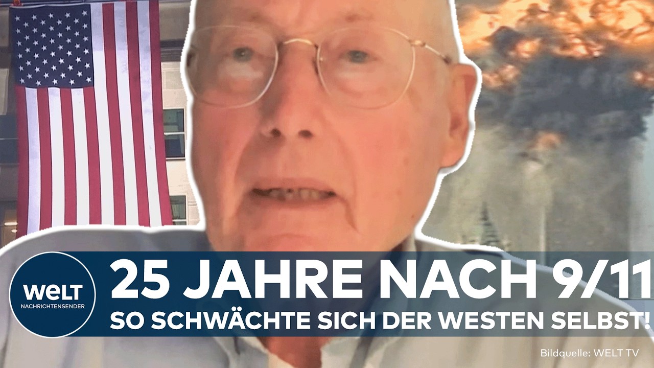 Stefan Aust im Interview über die 9/11 Folgen für den Westen, im Hintergrund Archivbild der brennenden Twin Towers in New Yo…