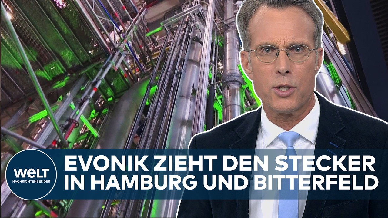 Chemiewerk-Anlage von Evonik mit Industrieschornsteinen – Evonik Werksschließung in Bitterfeld und Hamburg