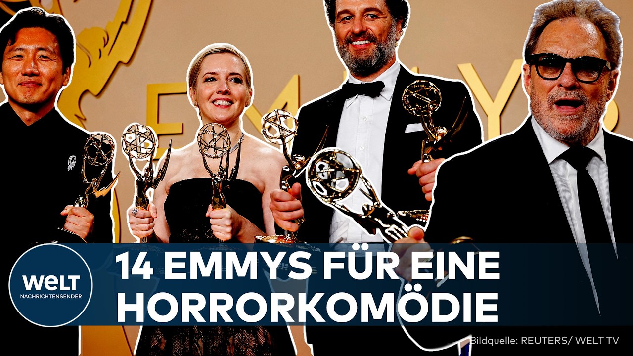 Goldene Emmy-Statuetten auf einem roten Teppich bei den Emmy Awards 2026 in Los Angeles
