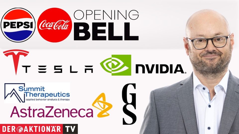 Händler an der Wall Street verfolgen den Opening Bell Marktcheck mit Kursen von Nvidia, Tesla und AstraZeneca auf Bildschirm…