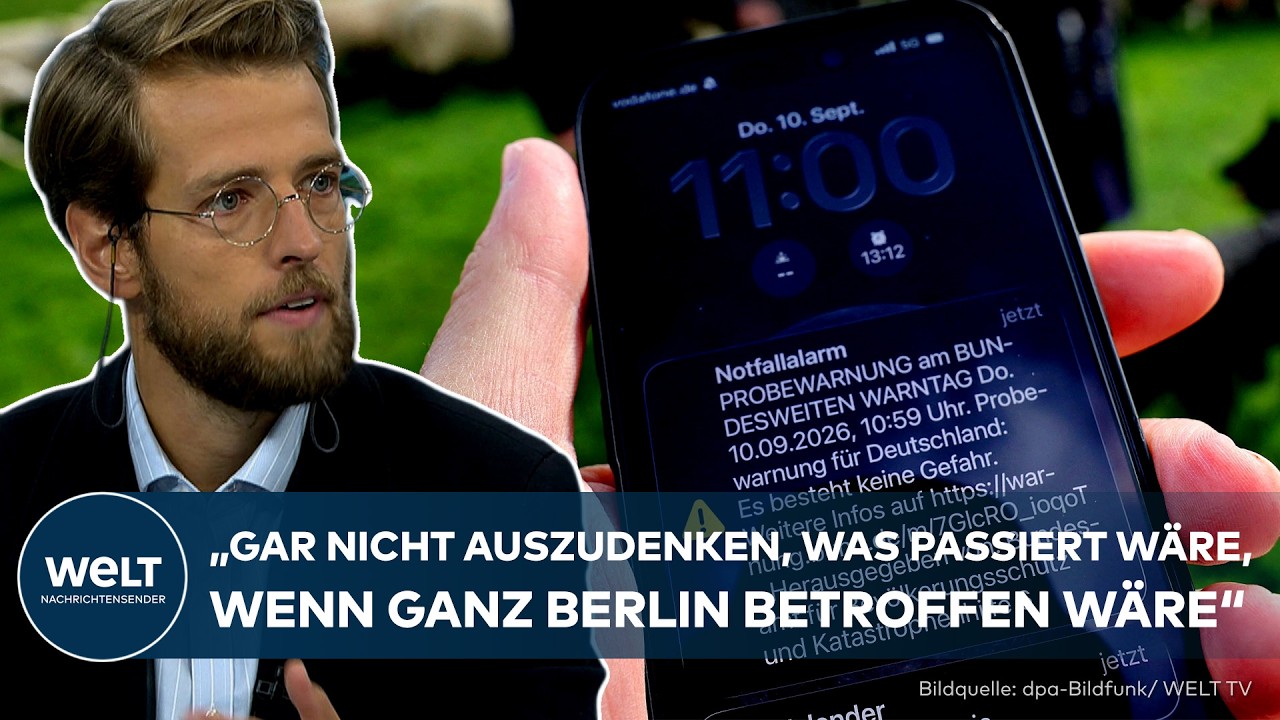 Warntag Cell Broadcasting – Smartphone zeigt Cell-Broadcasting-Warnung beim Warntag in Deutschland mit Sirenen im Hintergrund