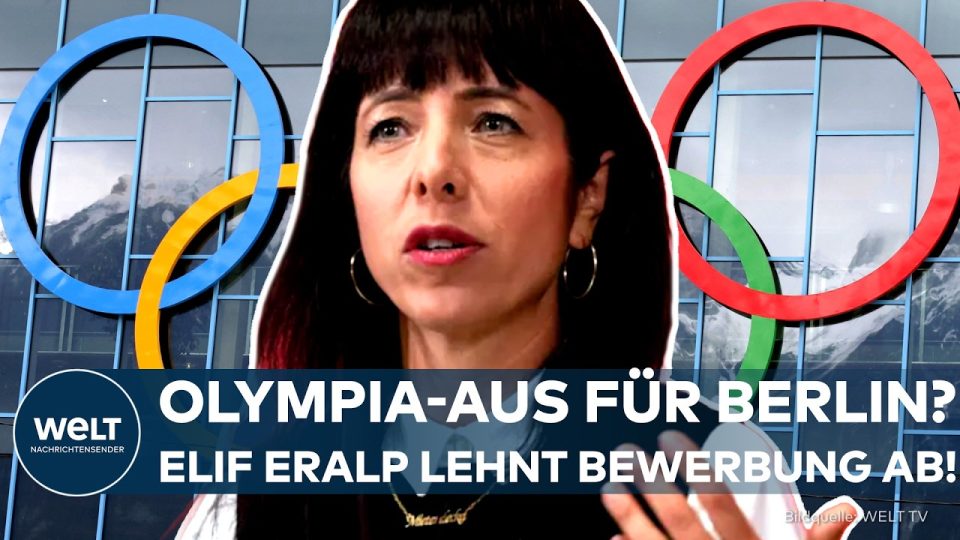 Olympia Berlin – Elif Eralp spricht gegen die Olympia-Bewerbung Berlins vor dem Berliner Stadtpanorama