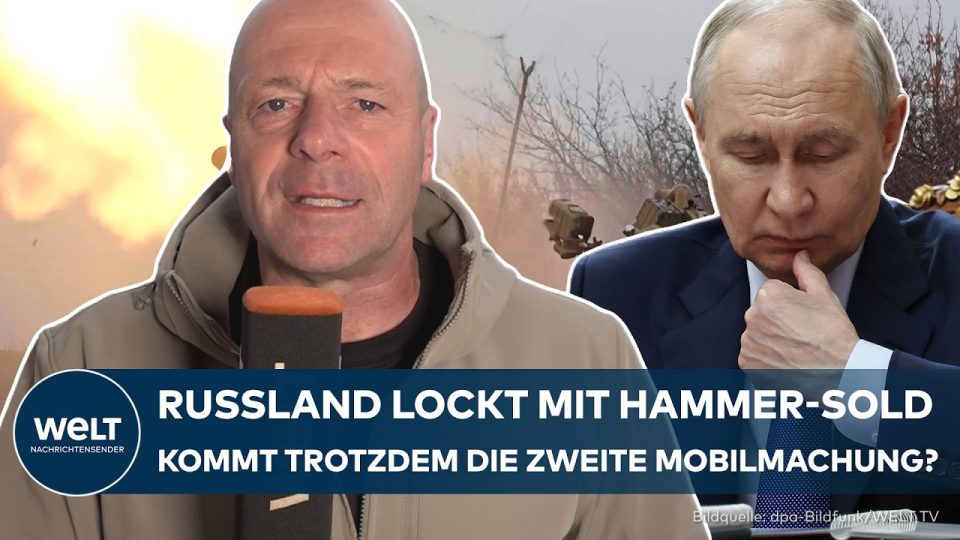 Russische Rekrutierungsplakate an einer Straße – Russland Mobilmachung und Soldangebote werben um neue Freiwillige