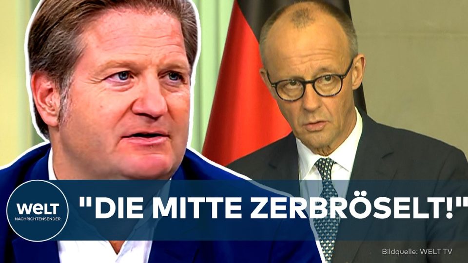 Friedrich Merz am Rednerpult, politische Mitte unter Druck nach Landtagswahlen in Deutschland