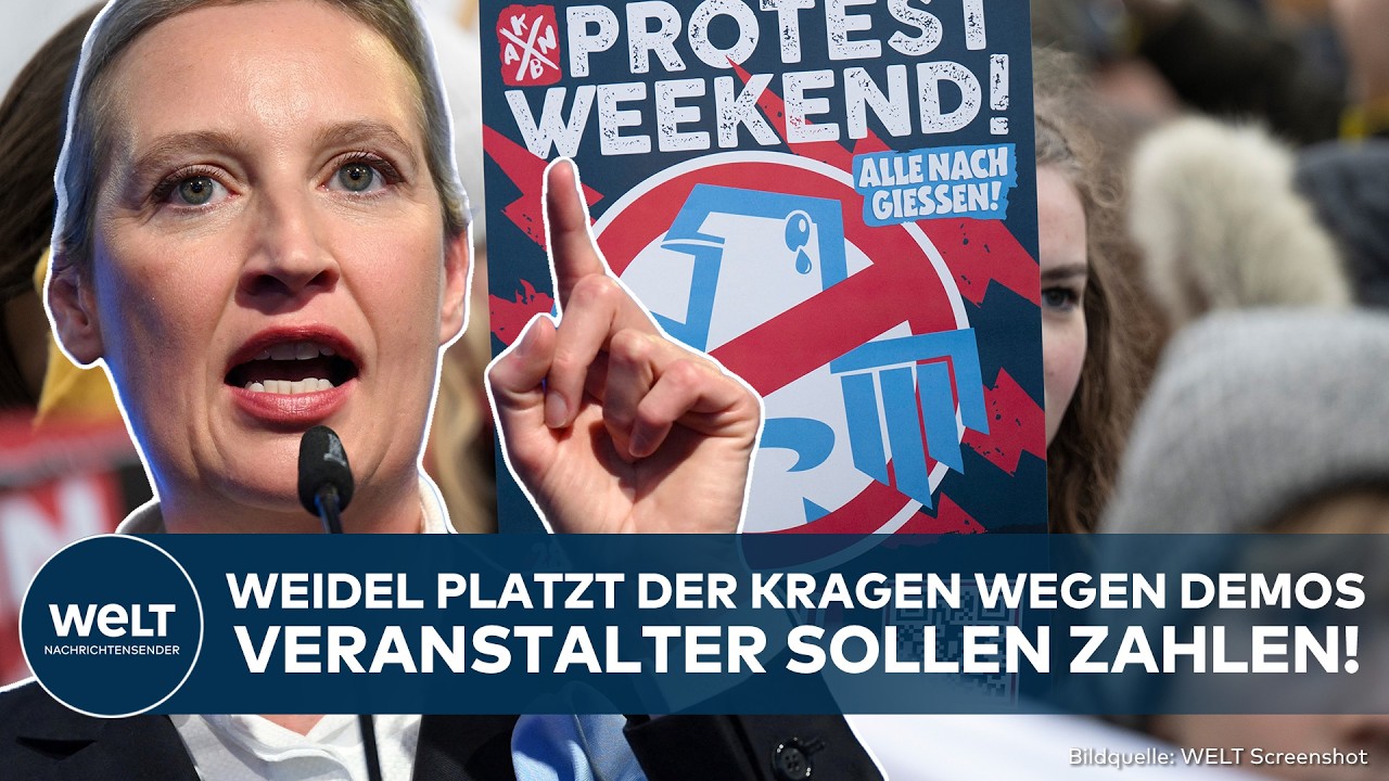 Polizeikosten Demo – AfD-Vorsitzende Alice Weidel spricht bei Wahlkampfauftritt, im Hintergrund Demonstranten gegen Polizeik…