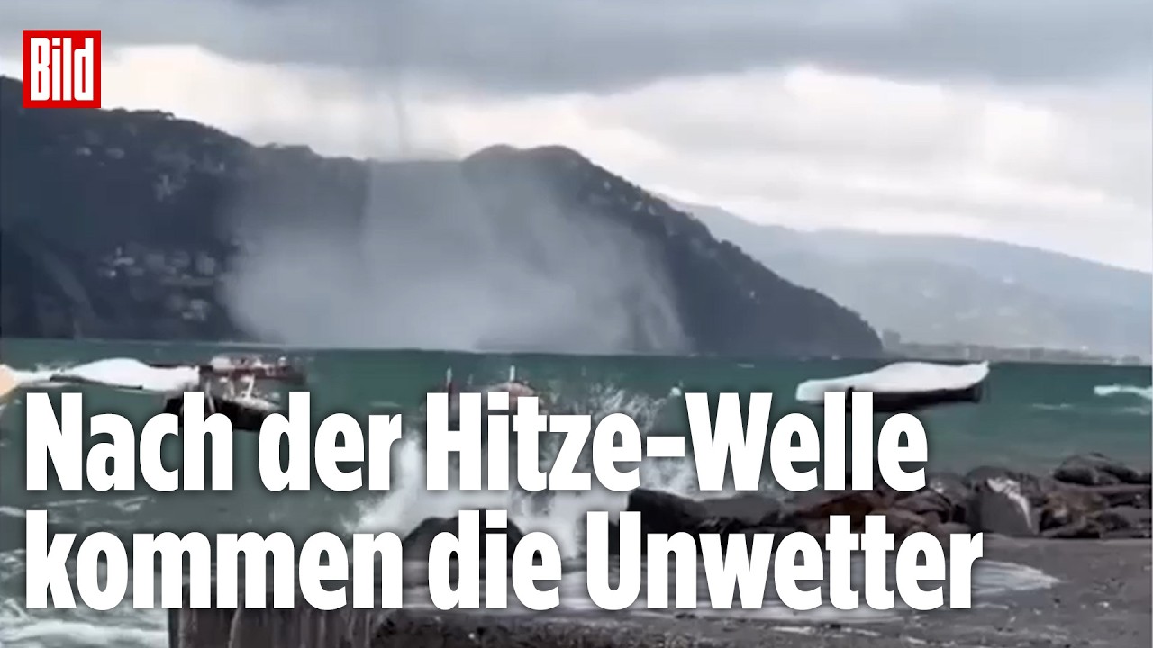Unwetter Italien – Dunkle Gewitterwolken über der italienischen Küste, Wasserhose über dem Meer – schweres Unwetter in Itali…