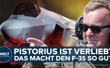 Erste deutsche F-35 Tarnkappen-Jet Maschine bei der Übergabe in Fort Worth, beleuchtet in Schwarz-Rot-Gold