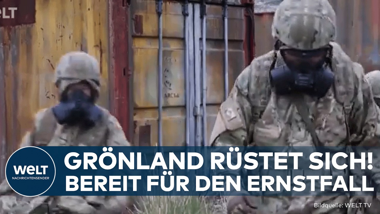 Junge Rekruten aus Grönland mit Gasmasken beim Grönland Militärtraining zwischen Schiffscontainern in der Arktis