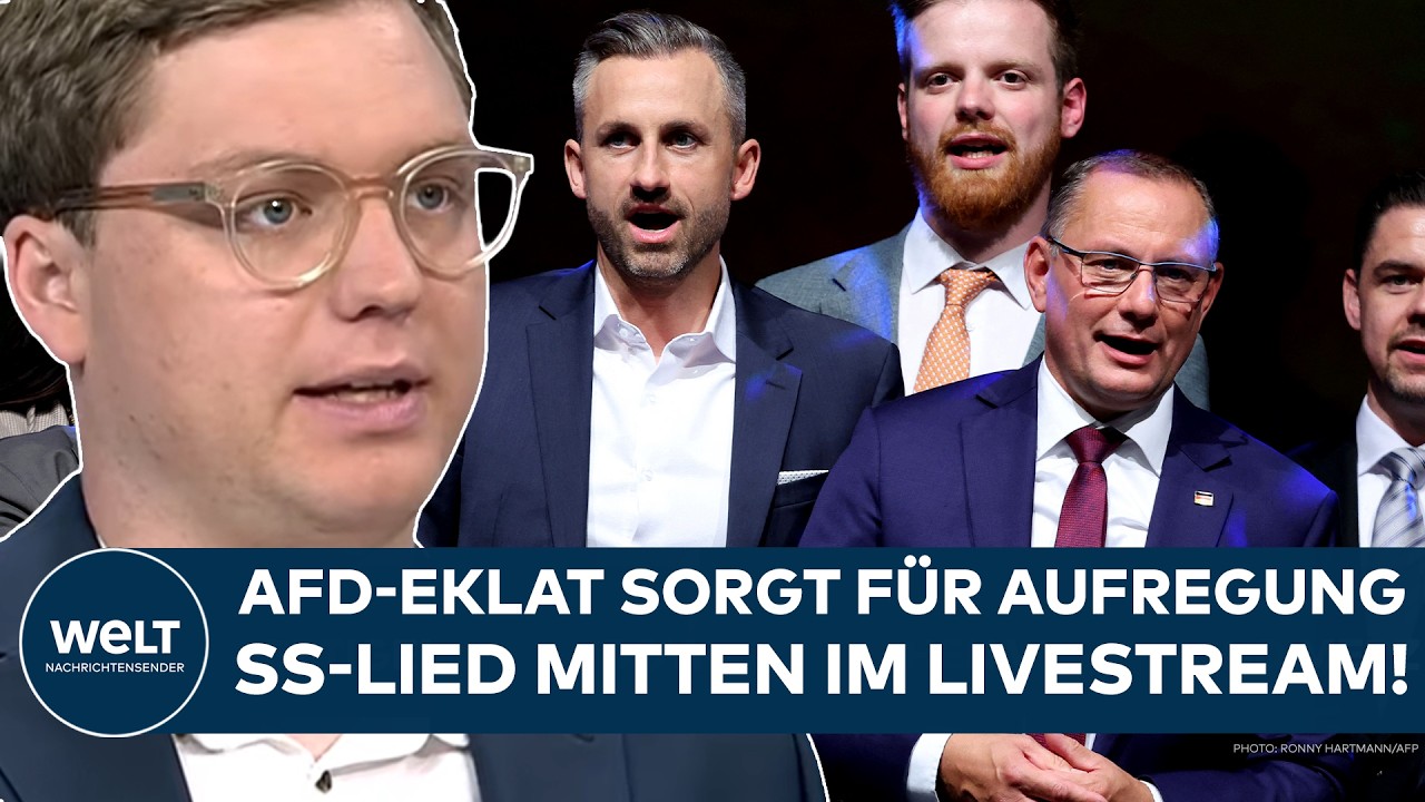 SS-Lied AfD-Stream – Screenshot eines Livestreams auf dem AfD-YouTube-Kanal, in dem nach der Sachsen-Anhalt-Wahl ein SS-Lied…