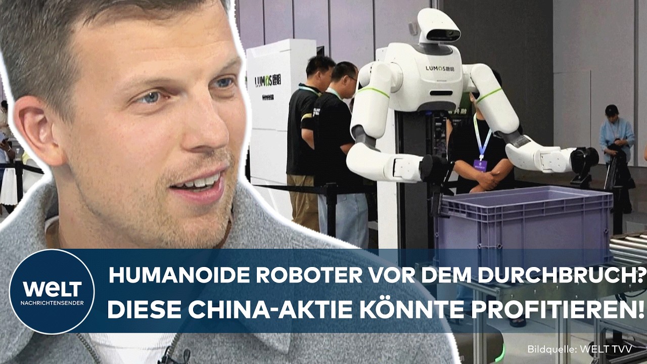 Humanoider Roboter in einer Fabrikhalle beim Ausführen von Fließbandarbeit – Zukunftsmarkt humanoider Roboter