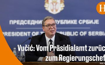 Vučić Rücktritt – Alexander Vučić spricht vor Anhängern in Belgrad nach seinem Rücktritt als serbischer Präsident