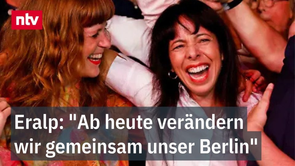 Elif Eralp Berlin-Wahl – Elif Eralp, Spitzenkandidatin der Linken, feiert den Sieg bei der Berlin-Wahl 2026 vor jubelnden An…