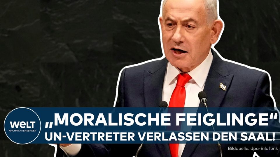 Israelischer Premierminister Netanjahu spricht bei der UN-Generalversammlung in New York, leere Sitzreihen im Hintergrund na…