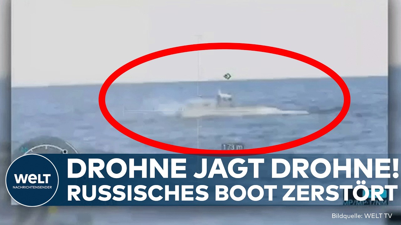 Drohnen-Duell auf See – Ukrainische Seedrohne mit Maschinengewehr im Schwarzen Meer beim Drohnen-Duell gegen russisches Boot