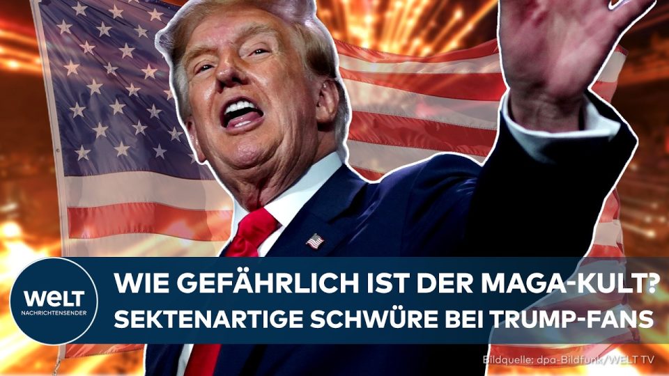 Donald Trump bei einer republikanischen Veranstaltung, umgeben von jubelnden Anhängern des MAGA-Kultes