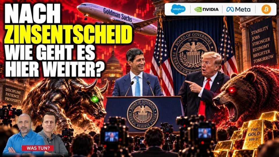 Börsenbildschirm mit steigenden Kursen von Nvidia, Meta und Bitcoin als Kandidaten für die Jahresendrally