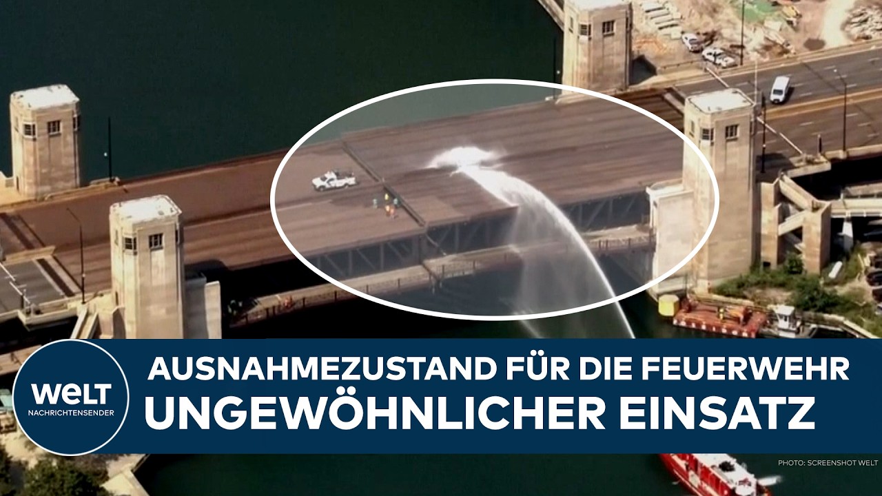 Hitzewelle Chicago – Straßenbrücke in Chicago bei extremer Hitzewelle – Feuerwehr kühlt die Hitzewelle-geschädigte Brücke mi…
