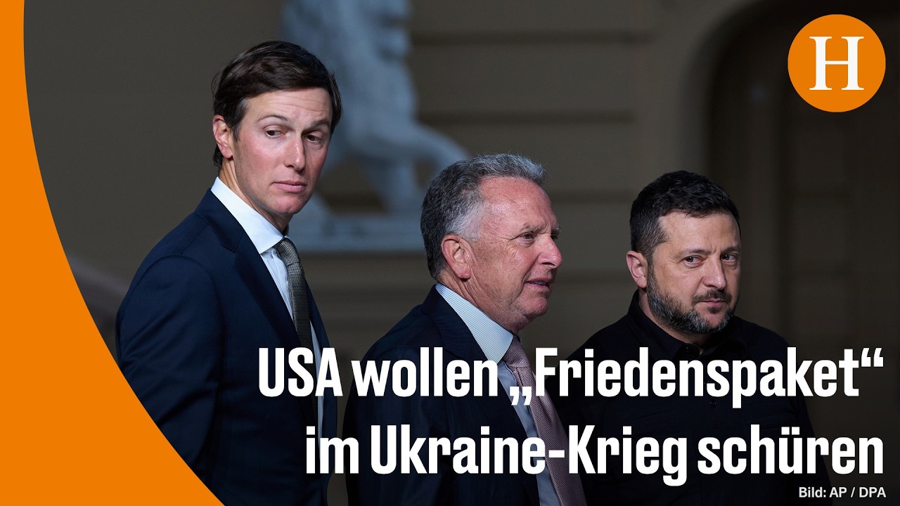 US-Gesandter und Selenski bei Ukraine-Friedensgesprächen in Kiew, Handschlag vor ukrainischer Flagge