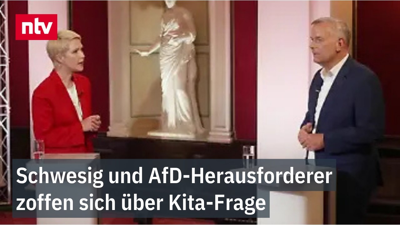 Manuela Schwesig und Leif-Erik Holm diskutieren über Kita-Gebührenfreiheit im TV-Studio