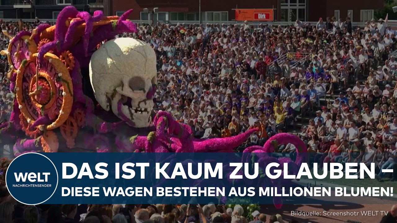 Festwagen beim Blumenkorso Zundert, geschmückt mit Millionen bunter Dahlienblüten
