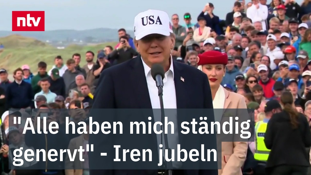 Zölle irischer Whiskey – Donald Trump auf einem Golfplatz in Irland, wo er das Ende der Zölle auf irischen Whiskey ankündigte