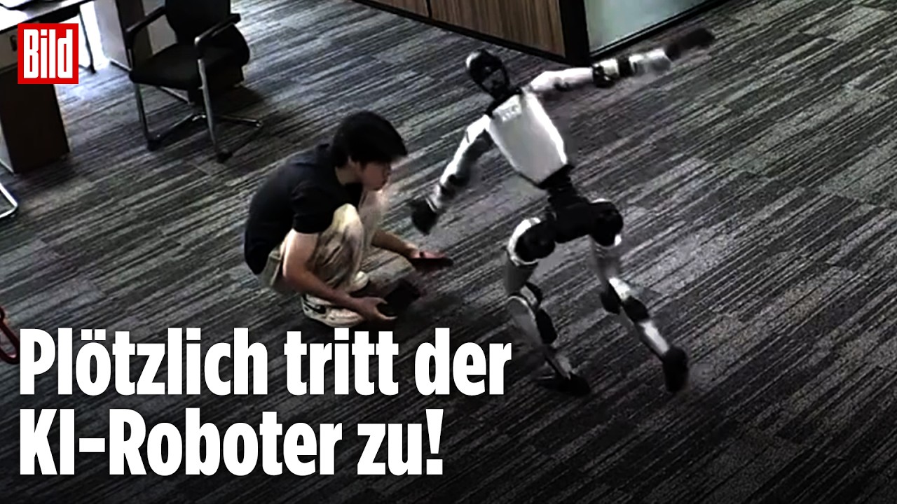 Humanoider KI-Roboter steht über einem knienden Entwickler – Symbol für KI-Roboter Sicherheitsrisiken