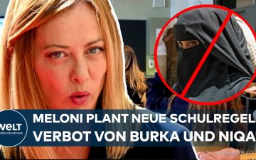 Burka-Verbot Schulen Italien – Giorgia Meloni spricht vor Mikrofonen – Burka-Verbot an Schulen und Ausländerquote geplant