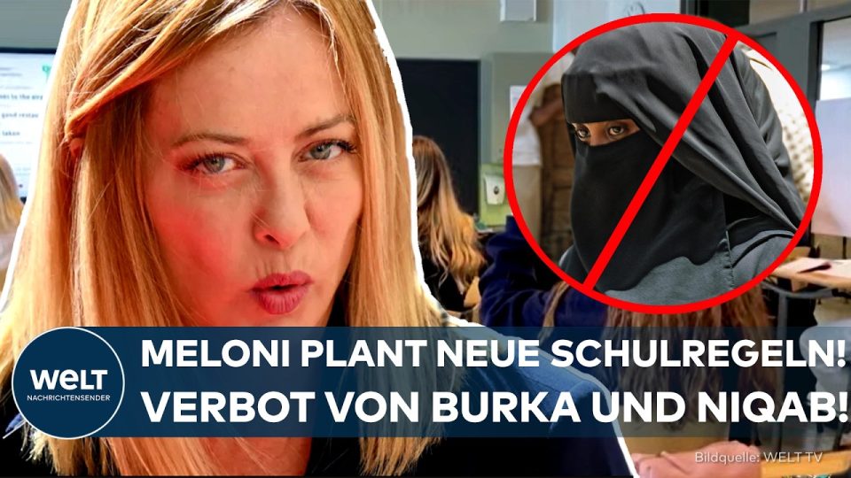Burka-Verbot Schulen Italien – Giorgia Meloni spricht vor Mikrofonen – Burka-Verbot an Schulen und Ausländerquote geplant