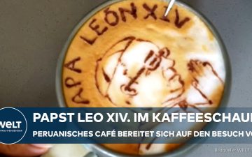 Papst Leo XIV. Peru – Barista in Lima hält Cappuccino mit Papst-Leo-XIV.-Porträt im Milchschaum aus Kakao