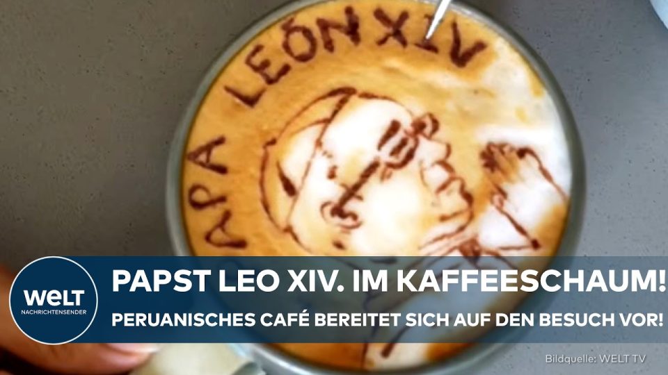 Papst Leo XIV. Peru – Barista in Lima hält Cappuccino mit Papst-Leo-XIV.-Porträt im Milchschaum aus Kakao