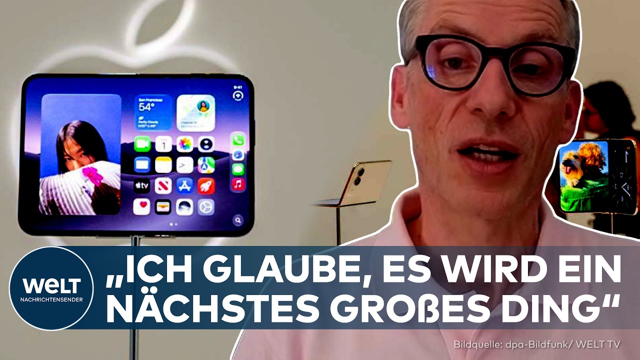 Apple iPhone Duo faltbares Smartphone aufgeklappt und zugeklappt nebeneinander auf einem Tisch