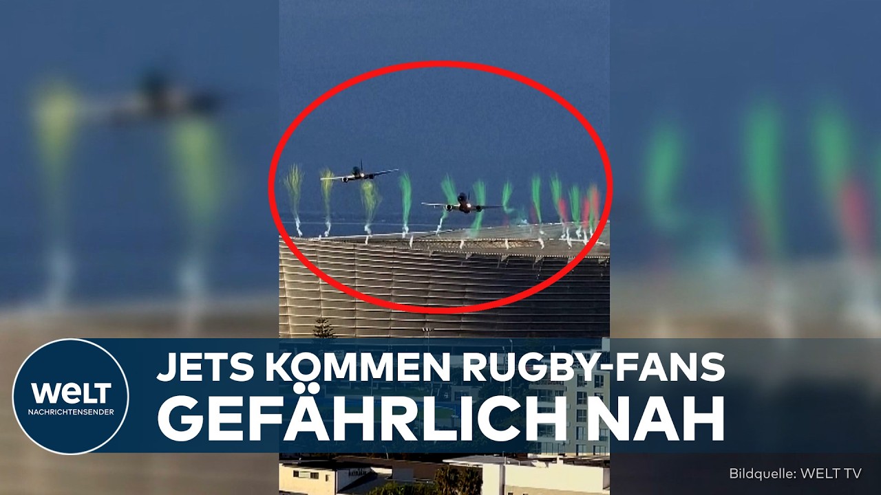 Tiefflug Kapstadt – Passagierjet der Airline Airlink beim Tiefflug über das vollbesetzte Kapstadter Rugby-Stadion