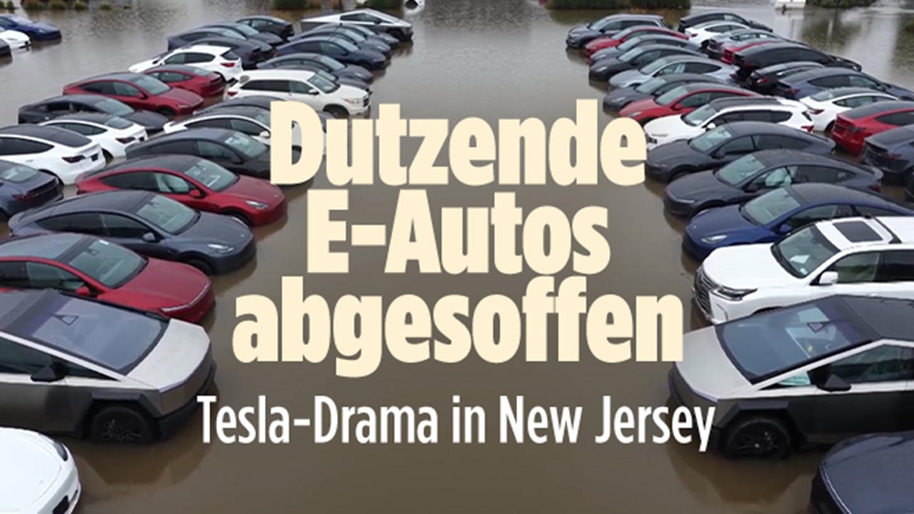 Überflutete Tesla-Elektroautos auf einem Händlerparkplatz in New Jersey nach schwerem Unwetter – Tesla Flutschaden mit Batte…