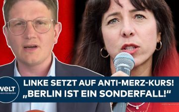 Linke-Wahlkampfveranstaltung in Berlin mit Transparenten zum Thema Wohnen und Linke Berlin-Sieg