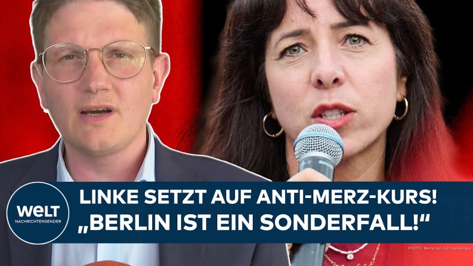 Linke-Wahlkampfveranstaltung in Berlin mit Transparenten zum Thema Wohnen und Linke Berlin-Sieg
