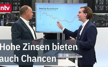 Diagramm mit steigenden Kapitalmarktzinsen für US- und deutsche Staatsanleihen auf einem Bildschirm