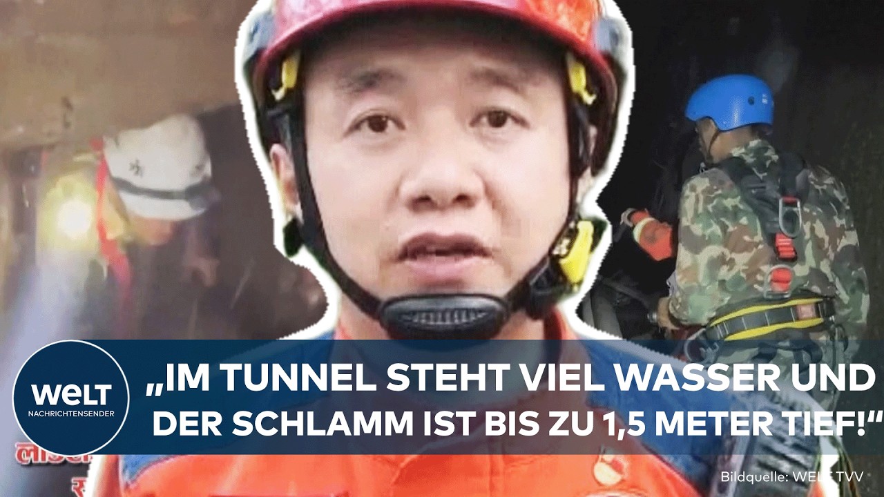 Sturzflut Nepal – Rettungskräfte durchsuchen verschlammte Tunnel nach der Sturzflut in Nepal im Himalaya