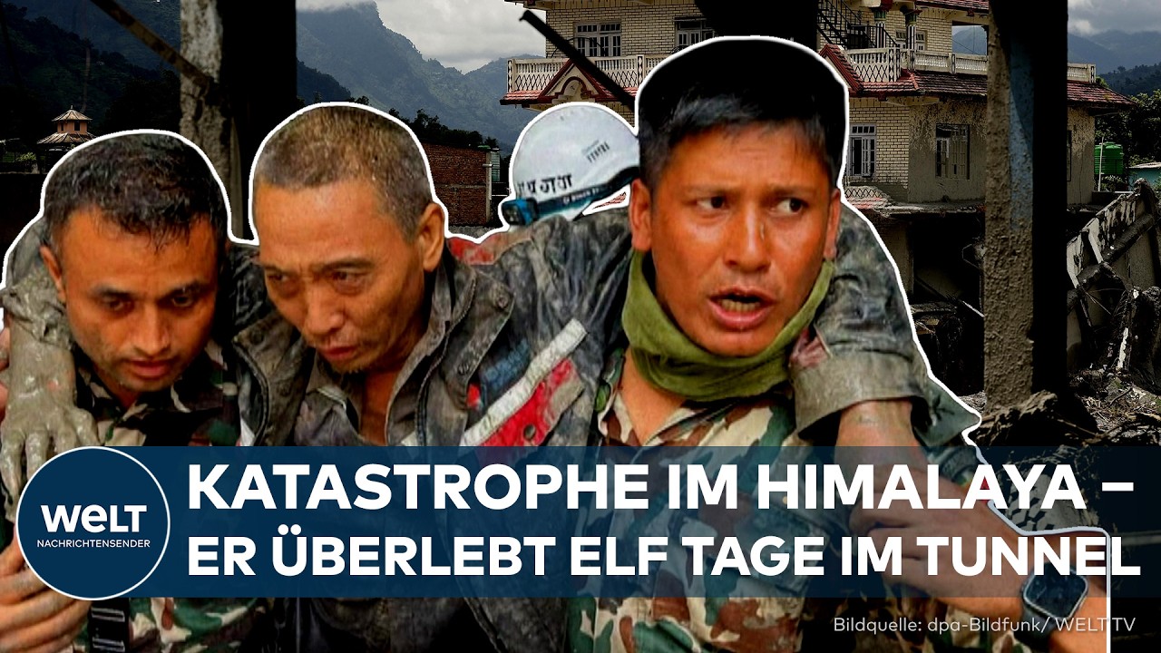 Rettungskräfte bergen Überlebende nach der Schlammlawine Nepal im Himalaya aus verschütteten Gebäuden
