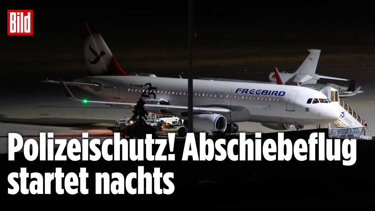 Abschiebeflug Afghanistan – Abschiebeflug nach Afghanistan: Ein Charterflugzeug auf dem nächtlichen Flughafen Leipzig/Halle …