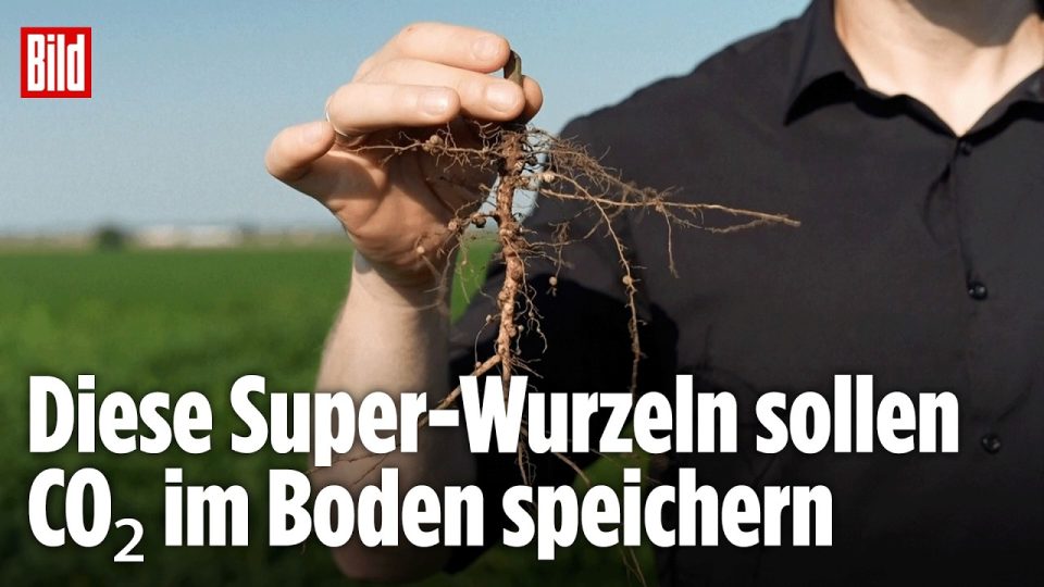 Sojabohne Tiefwurzel – Nahaufnahme von Sojabohnen-Tiefwurzeln im Erdprofil als Symbol für CO₂-Speicherung im Boden