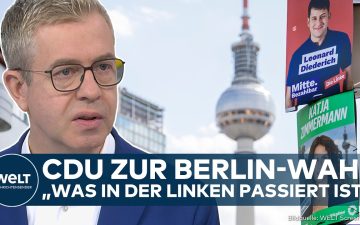 Berlin-Wahl CDU – CDU-Spitzenkandidat Stefan Evers im Interview zur Berlin-Wahl, im Hintergrund das Berliner Stadtpanorama