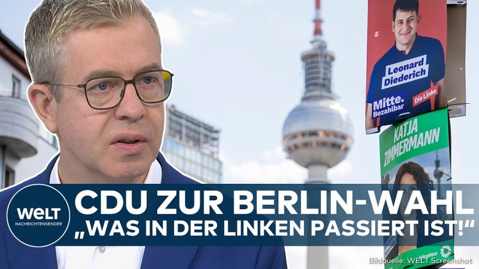 Berlin-Wahl CDU – CDU-Spitzenkandidat Stefan Evers im Interview zur Berlin-Wahl, im Hintergrund das Berliner Stadtpanorama