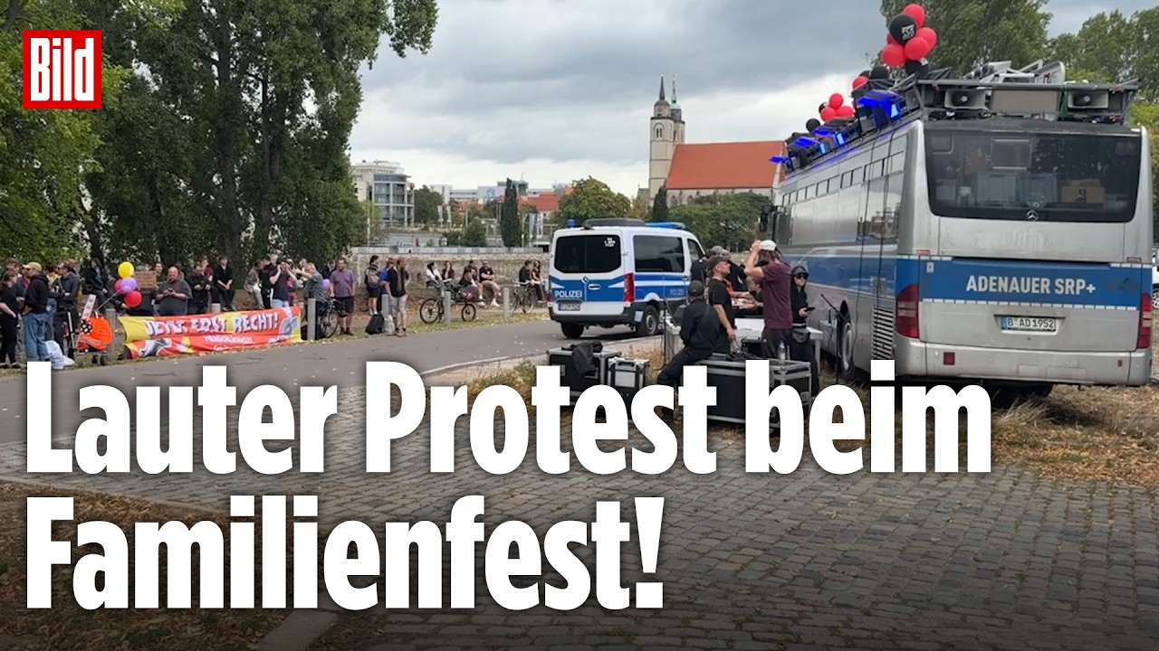 Protest gegen AfD Magdeburg – Protest-Bus mit Anti-AfD-Botschaft beim Familienfest in Magdeburg während des Wahlkampfabschlu…