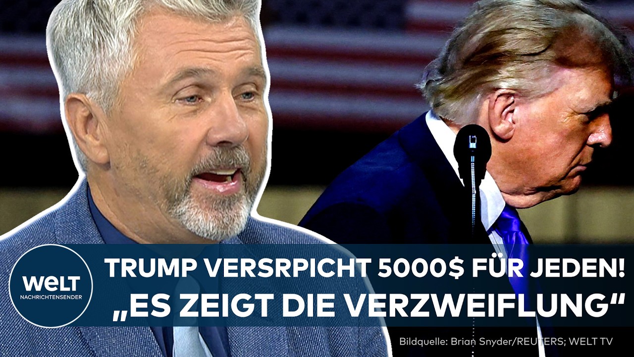 Donald Trump bei einer Wahlkampfveranstaltung, wirbt mit der Trump-Dividende von 5000 Dollar für republikanische Wähler