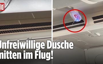 Blick in die Kabine eines Airbus A380 von Emirates, Wasser tropft von der Deckenverkleidung auf Passagiersitze – Wassereinbr…