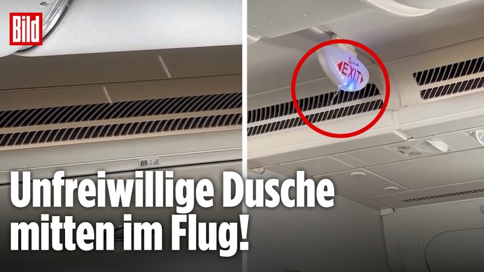 Blick in die Kabine eines Airbus A380 von Emirates, Wasser tropft von der Deckenverkleidung auf Passagiersitze – Wassereinbr…