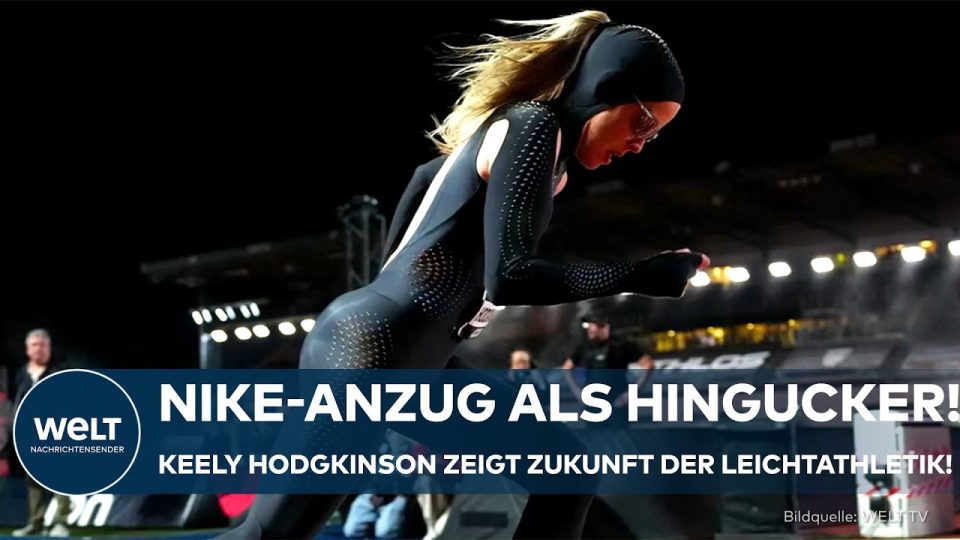 Mittelstreckenläuferin Keely Hodgkinson im futuristischen Nike Speedsuit mit Kapuze beim Atlos Meeting in London