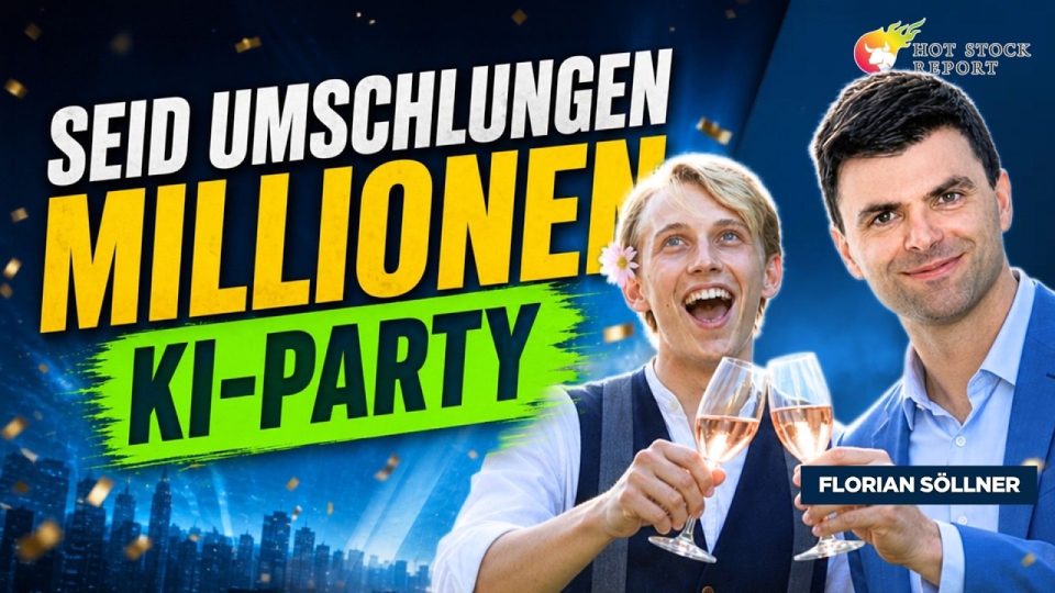 Börsenbildschirm mit KI-Aktien-Kursen, Bitcoin-Chart und Volkswagen-Logo im Hintergrund