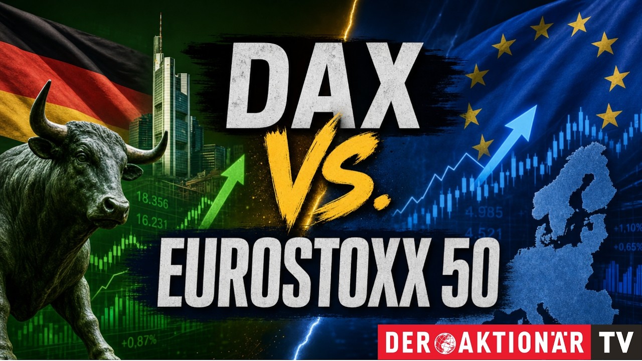 Vergleich DAX und Euro STOXX 50 auf einem Börsenmonitor – Euro STOXX 50 mit besserer Performance